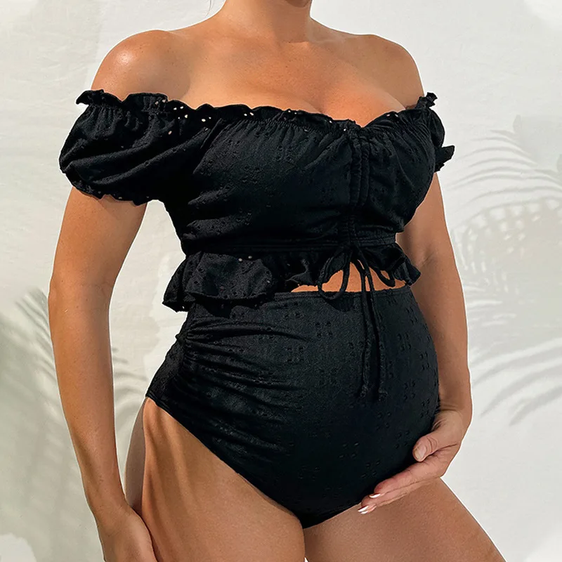 

2024New Women Bikini Maternity Dress Sexy Solid Color Short Sleeve Flying Edge Beach Swimsuit