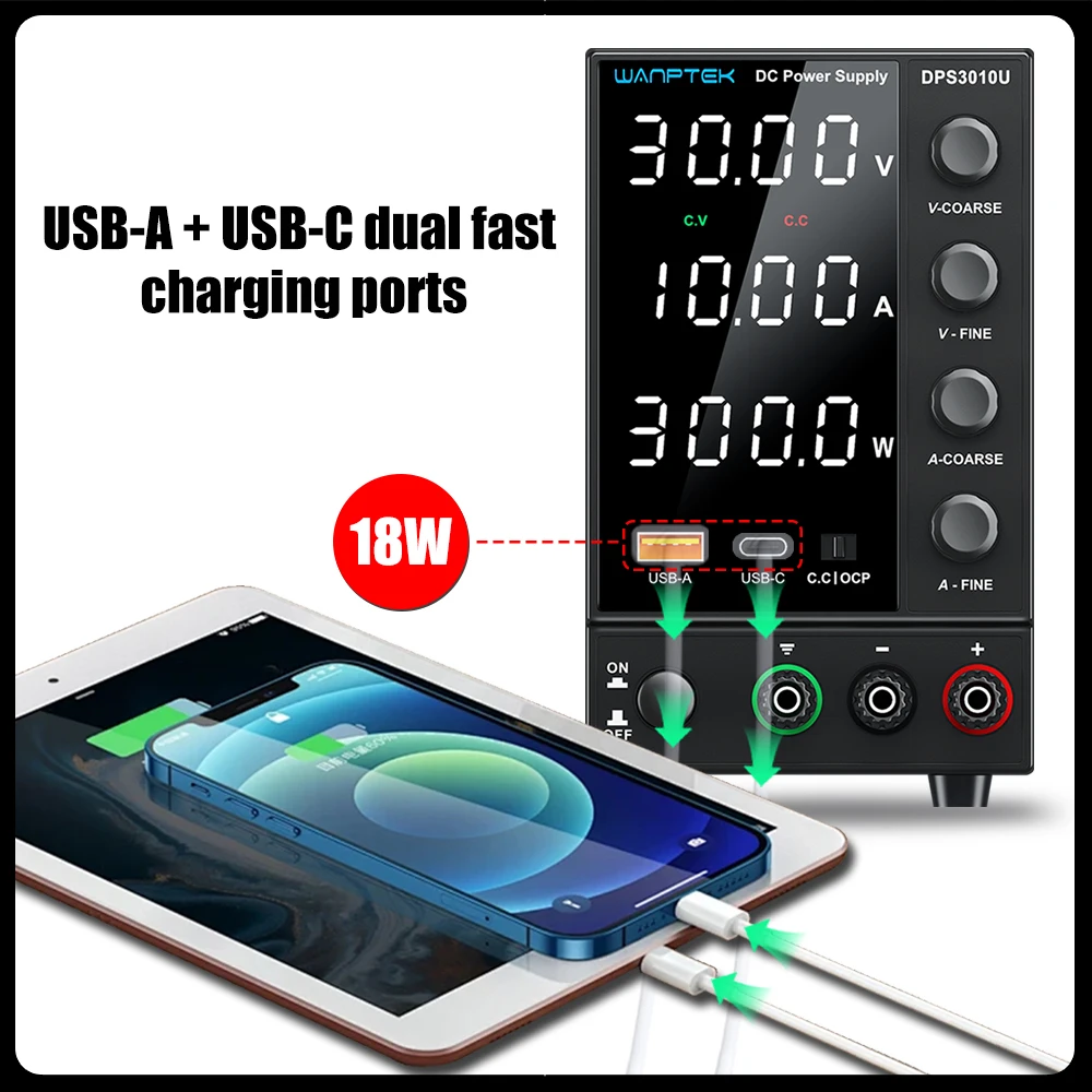 Wanptek Adjustable DC Switching Power Supply,30V, 60A, 120V, Lab Power Supply, 3A, 5A, 10A Outputs, Preset Current USB Interface