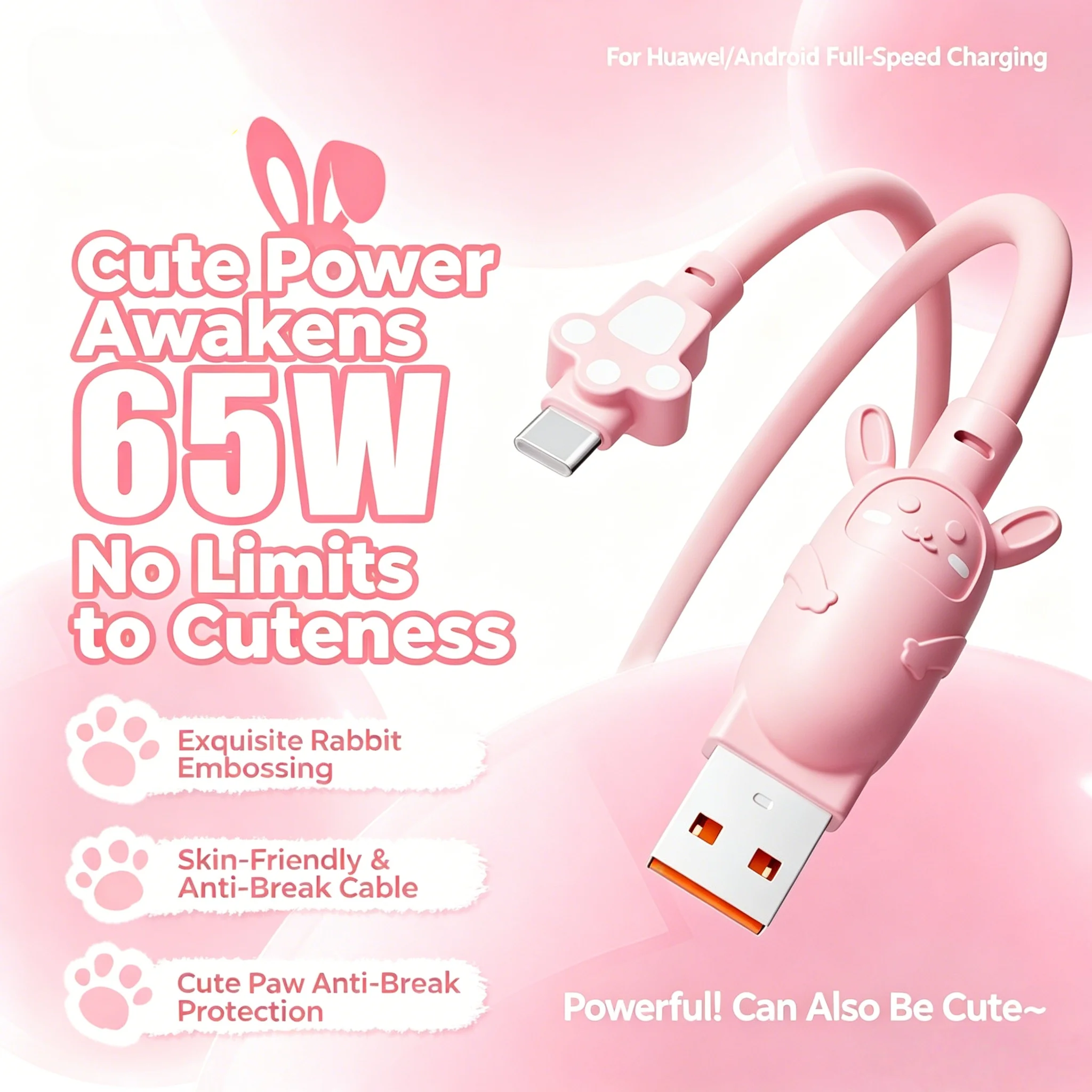 65W Cute Rabbit Fast Charging Cable - Pink Skin-friendly USB C Cable Fast Charging Cable for Mobile Phones