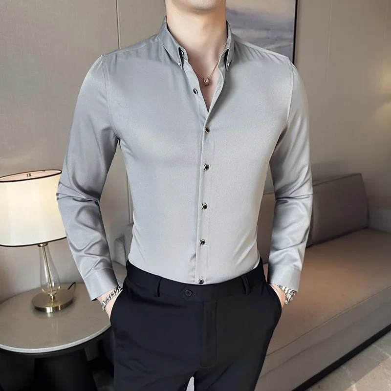 Men Long Sleeve Shirt 2024 Spring White Solid Casual Shirt Anti-wrinkle Soft рубашка Formal Elasticity Slim Fit Camisa Masculina