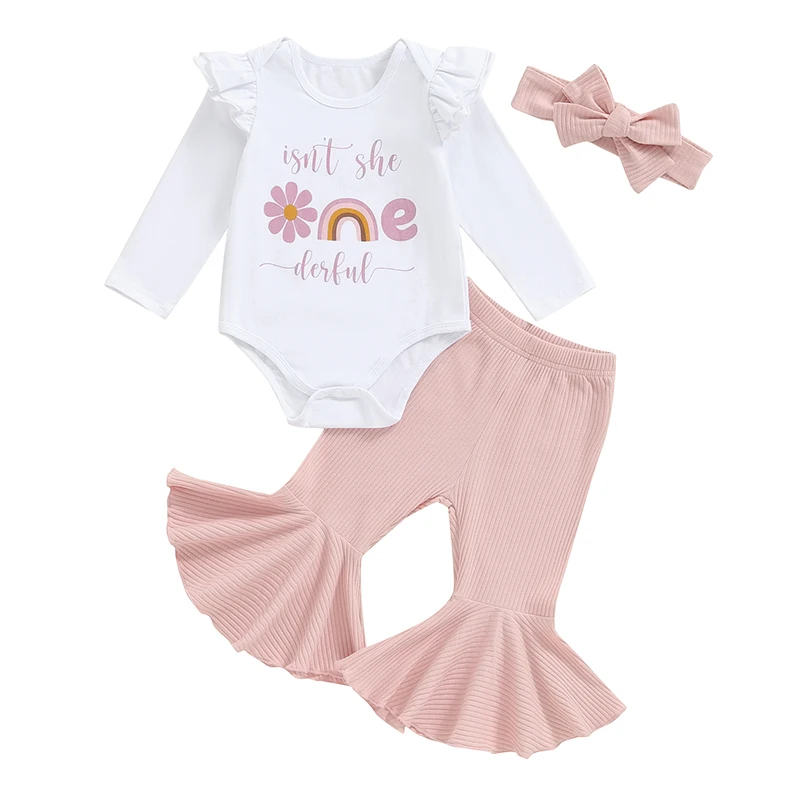 

Baby Girls Birthday Outfits Letter Print Long Sleeves Romper and Ribbed Flared Pants Headband Set Fall 3 Piece Clothes