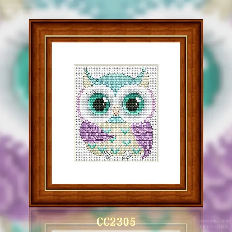 [CC2305-Mengmeng Owl 1]Stamped Cross Stitch Kit for Adults and Kids, Easy Pre-Printed Canvas with Cotton Threads and Needles, Ha