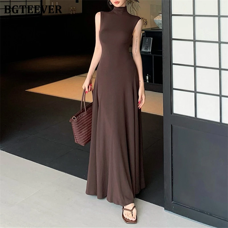 

BGTEEVER Elegant Half High Collar Female Sleeveless Vest Dress Summer Stylish Slim Waist Ladies Mid-Length A-line Dress