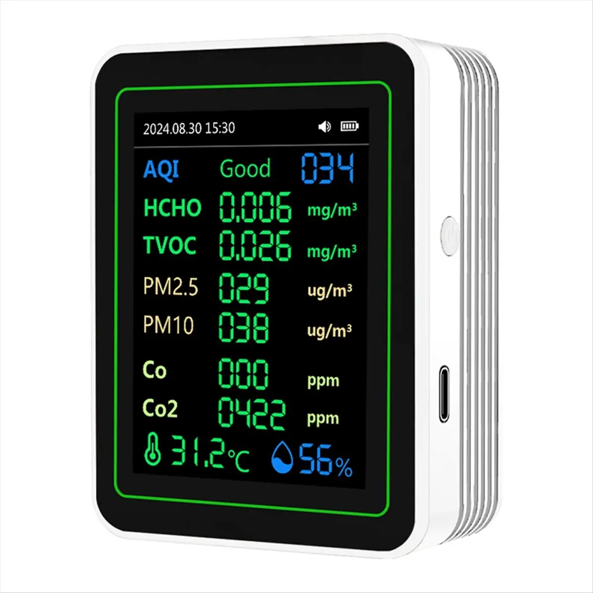 NOCM Air Quality Detector 12 in 1 Air Quality Tester Temperature/Humidity /Time/CO/CO2/Curve/TVOC//PM2.5/PM10 White