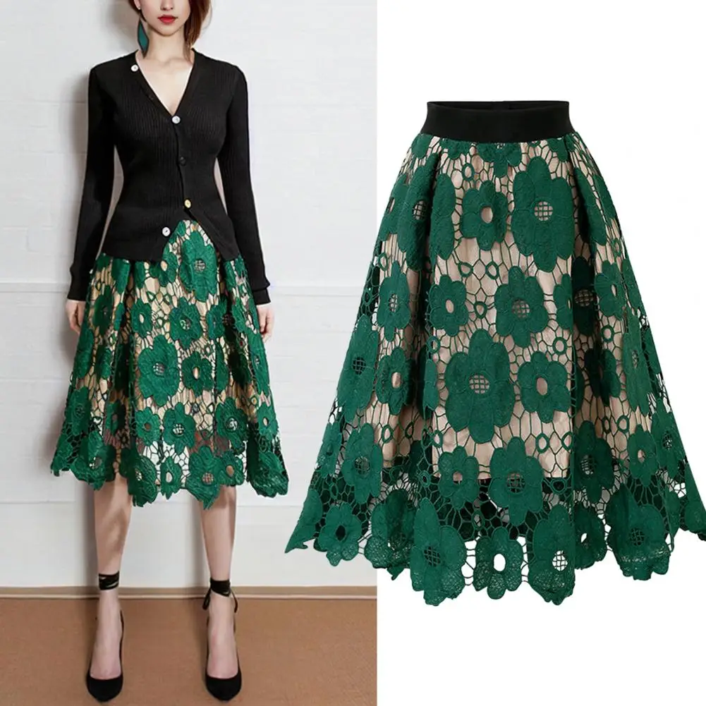 Elegante Sommer Boho Spitze Röcke Frauen Vintage Blumen Spitze Mesh aushöhlen große Schaukel Party Midi Rock elastische Taille A-Linie Rock