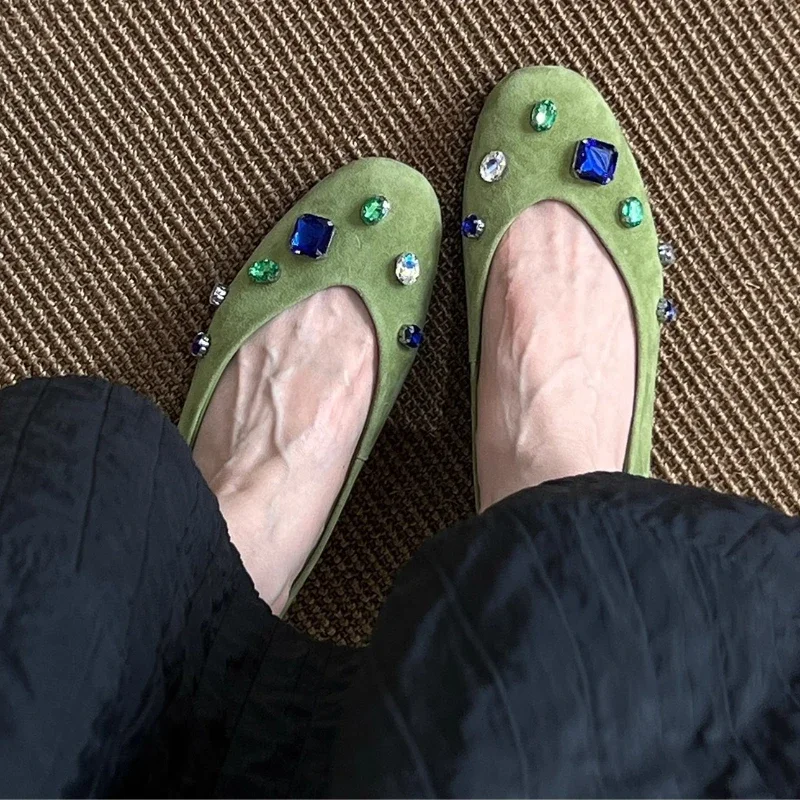Luxury Colorful Gemstone Flats Women Comfortable Round Toe Shallow Suede Loafers for Ladies Elegant Brand Designer Casual Shoes