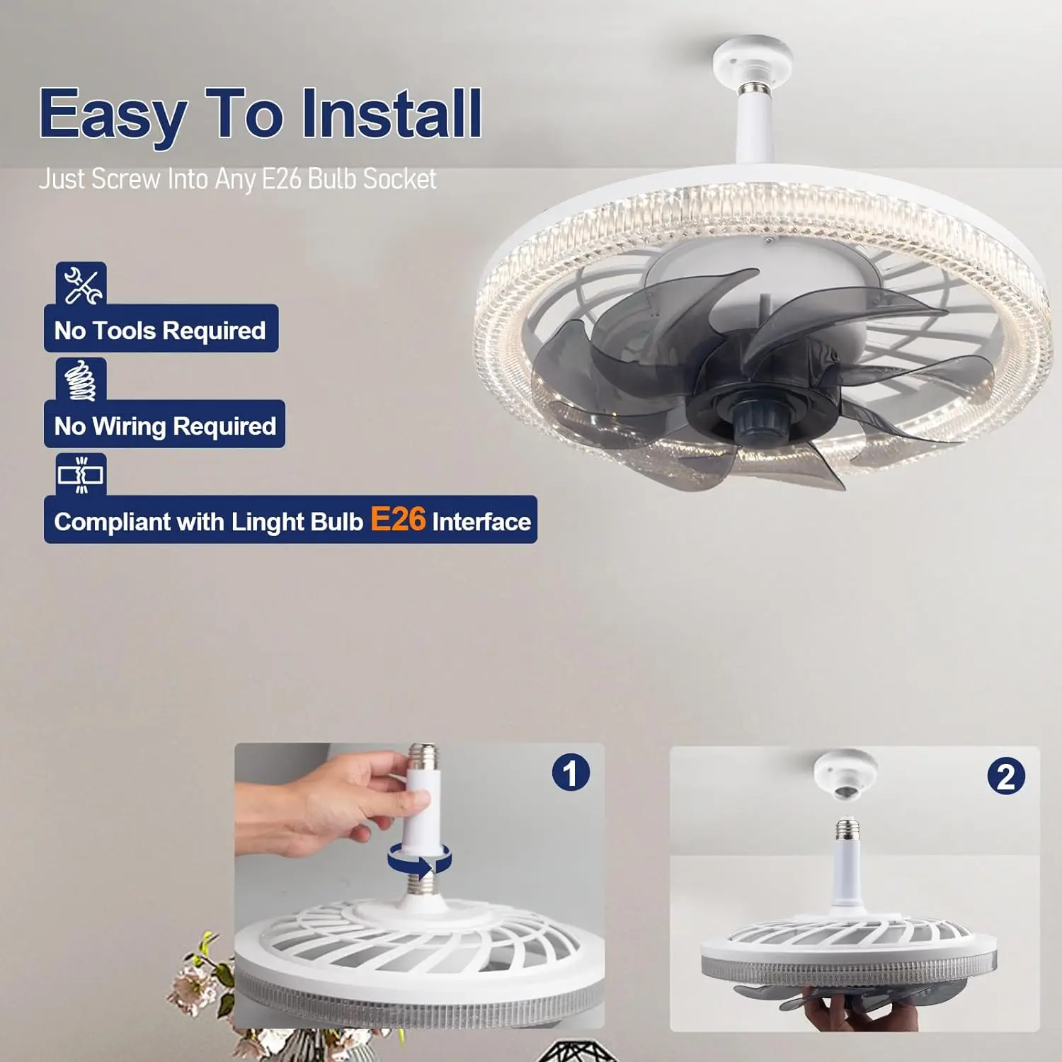 Ventilador de techo con control remoto, Base E27, ajuste de viento de 4 velocidades, luz regulable para dormitorio y cocina