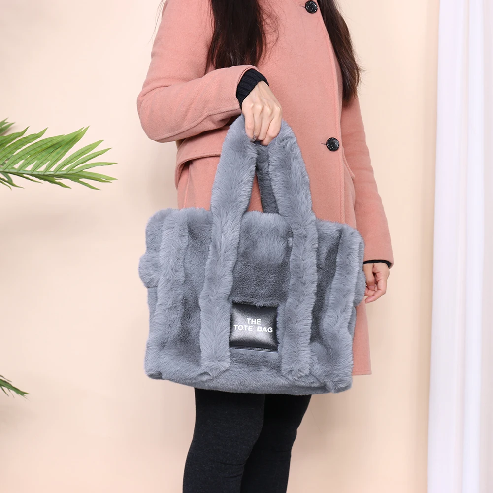 Fluffy Shoulder Tote Bag Solid Female Crossbody Tote Bag Soft Plush Portable Large Capacity for Travel Work for Daily Shopper