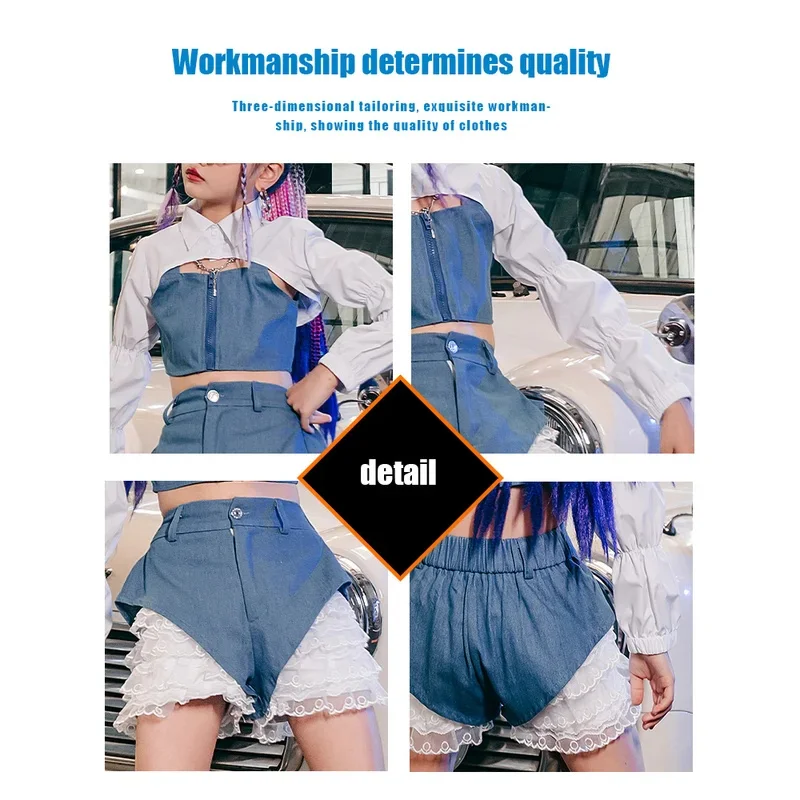 ZZL Urban Street Jazz Dance Children's Clothes K-pop Stage Outfits Blue White Fashion Cool Clothes for Girls Y2K Runway Show