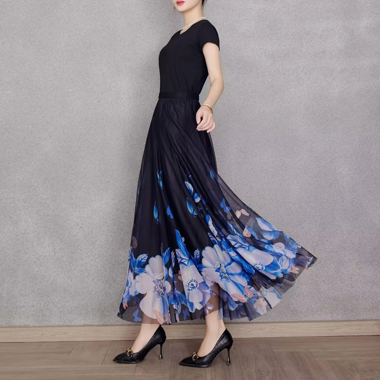 Summer Women Elastic Waist Chiffon Long Skirt Female Beach Big Hem Skirts  A Line Dancing Skirt