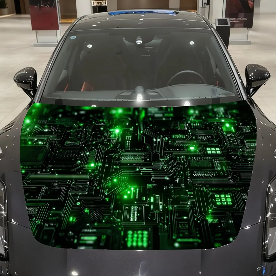 

Neon Green Core Circuit Network Car Vinyl Wrap, PVC Material Waterproof Car Hood Sticker, Self-Adhesive Scratch-Resistant Sticke