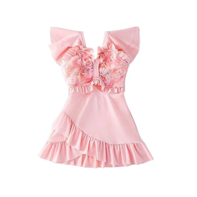 Girls Floral Swimsuit Children Short-Sleeved Jumpsuit Swimwear Dress Summer Sun-Protective Quick-Dry Swim Wear Kids Beachwear