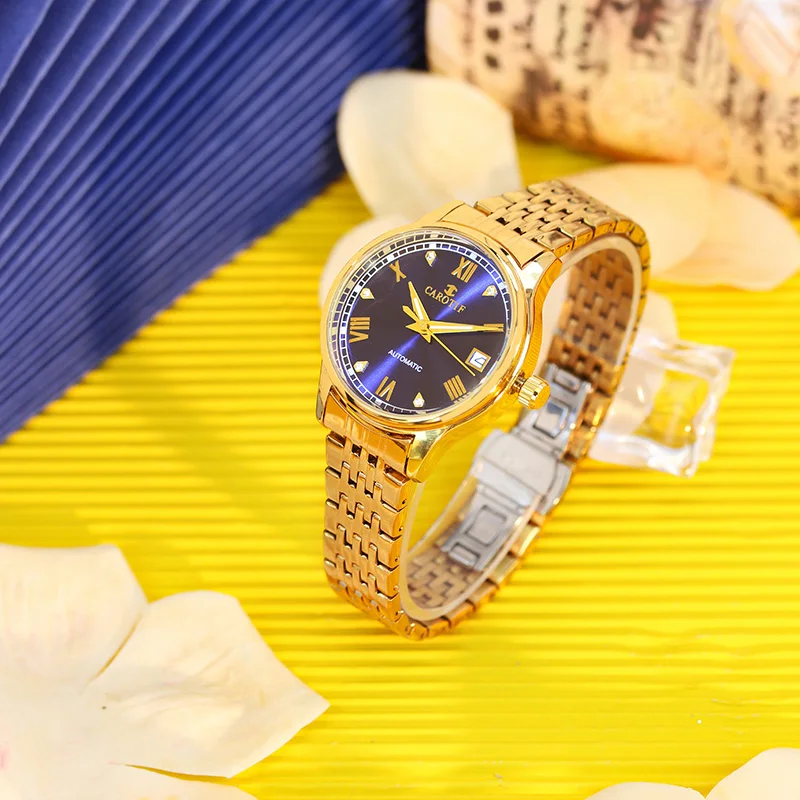 A women's yellow and blue steel strap business-style fashion watch with automatic tourbillon movement and full-scale markers