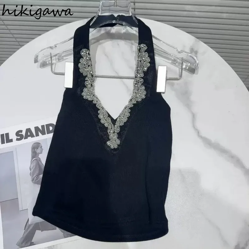 Ropa de Mujer, camisetas sin mangas sexis con diamantes y cuello en V, Túnica sin espalda, Tops recortados, chaleco con temperamento, moda coreana, 2024