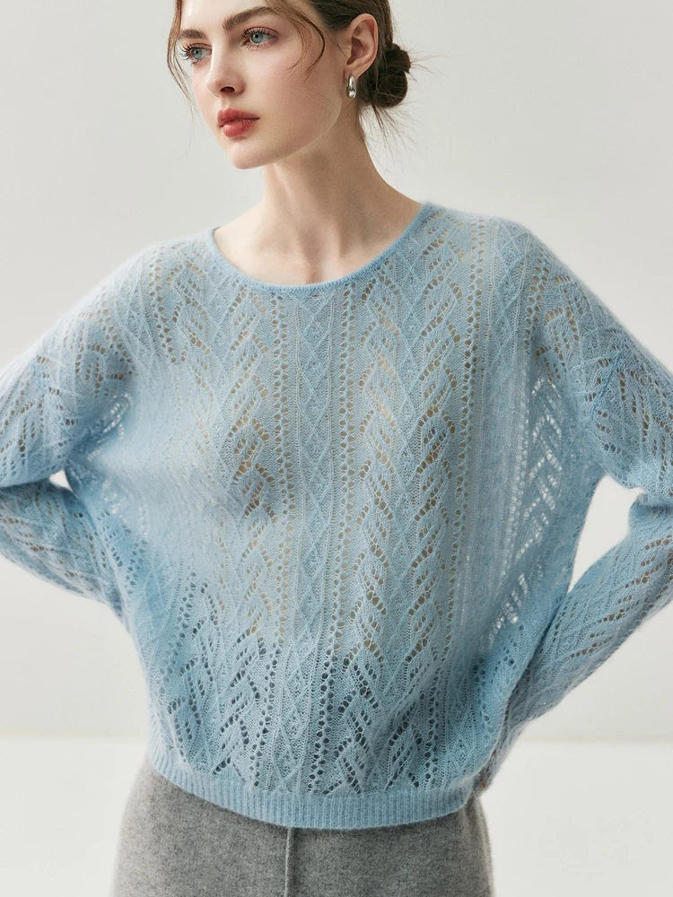 CHICUU-suéter de Cachemira calado para mujer, jersey de manga larga con cuello redondo, 100% de punto de Cachemira, Tops de moda para primavera y otoño