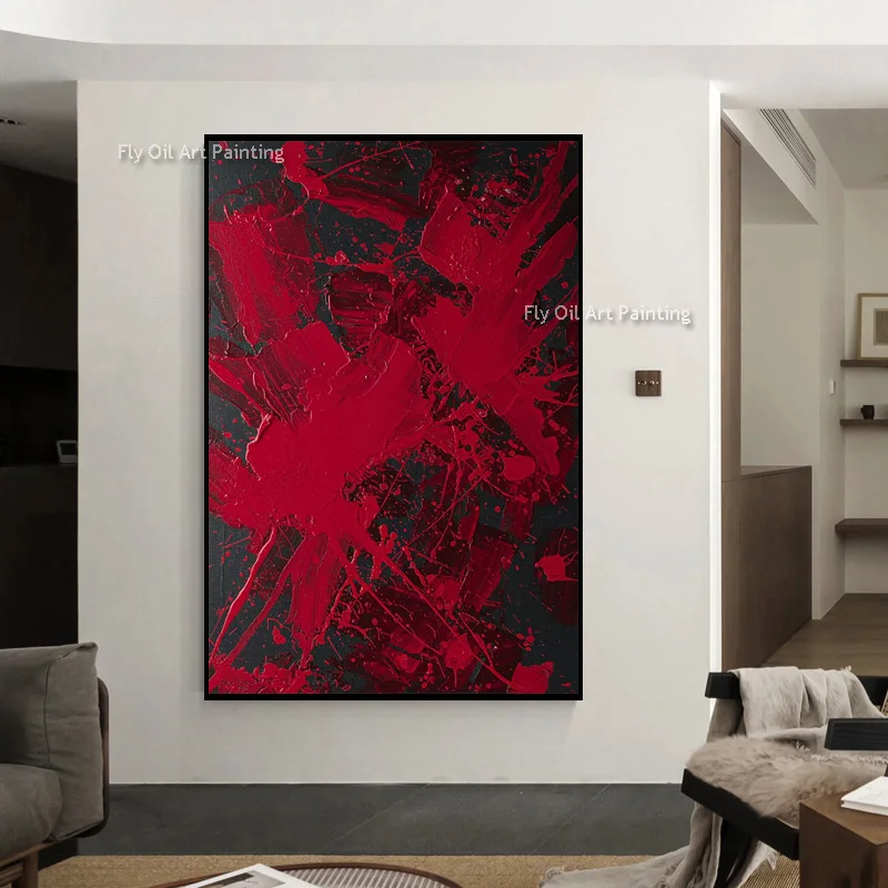Red Splatter Abstract Canvas, Hand‑Painted Thick Impasto Oil Painting, Bold Black‑Red Modern Loft Vertical Wall Decor