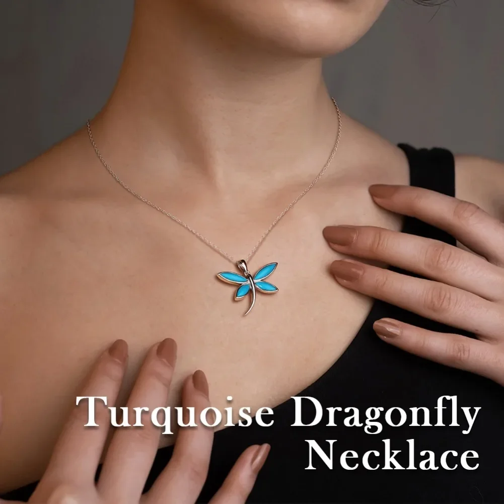 GZ ZONGFA Turquoise Dragonfly Necklace Large Statement Dragonfly Dangle Pendant 925 Sterling Silver Gifts for Women Girls