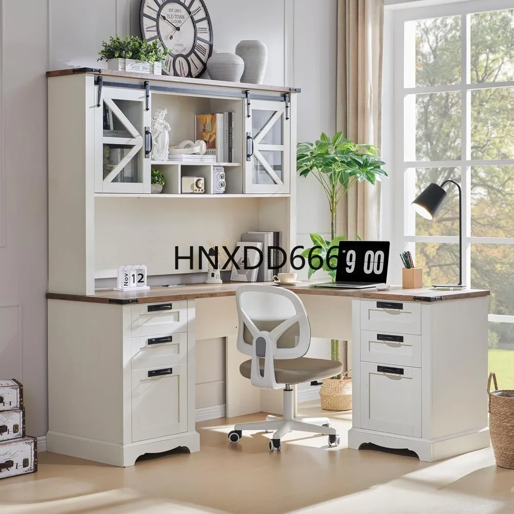 

Shaped Desk with Hutch, Wood Home Office Executive Desk with Drawer Charging Station, File Drawer, Storage Cabinet