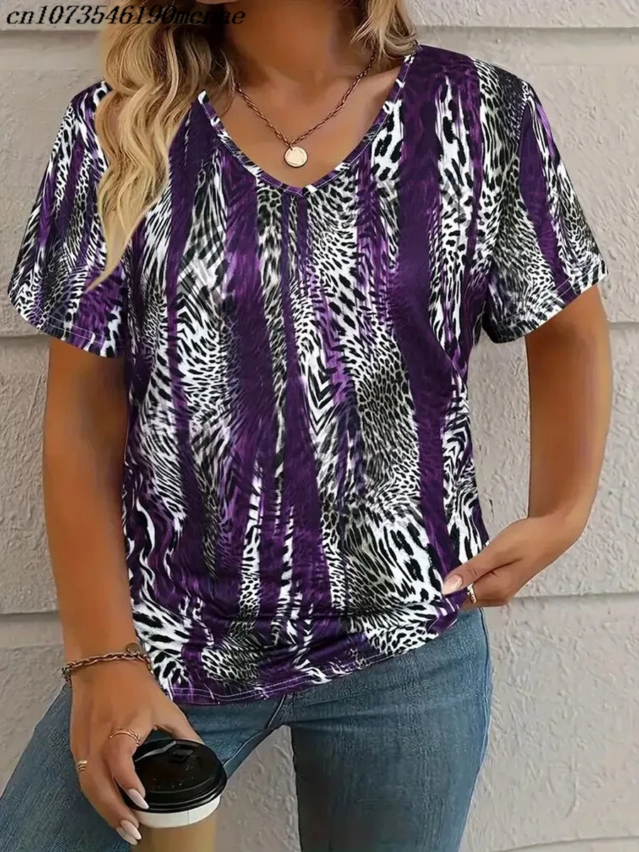 Women's Summer Casual Elegant V-Neck Short Sleeve Irregular Leopard Print Loose Fit Men's T-Shirt