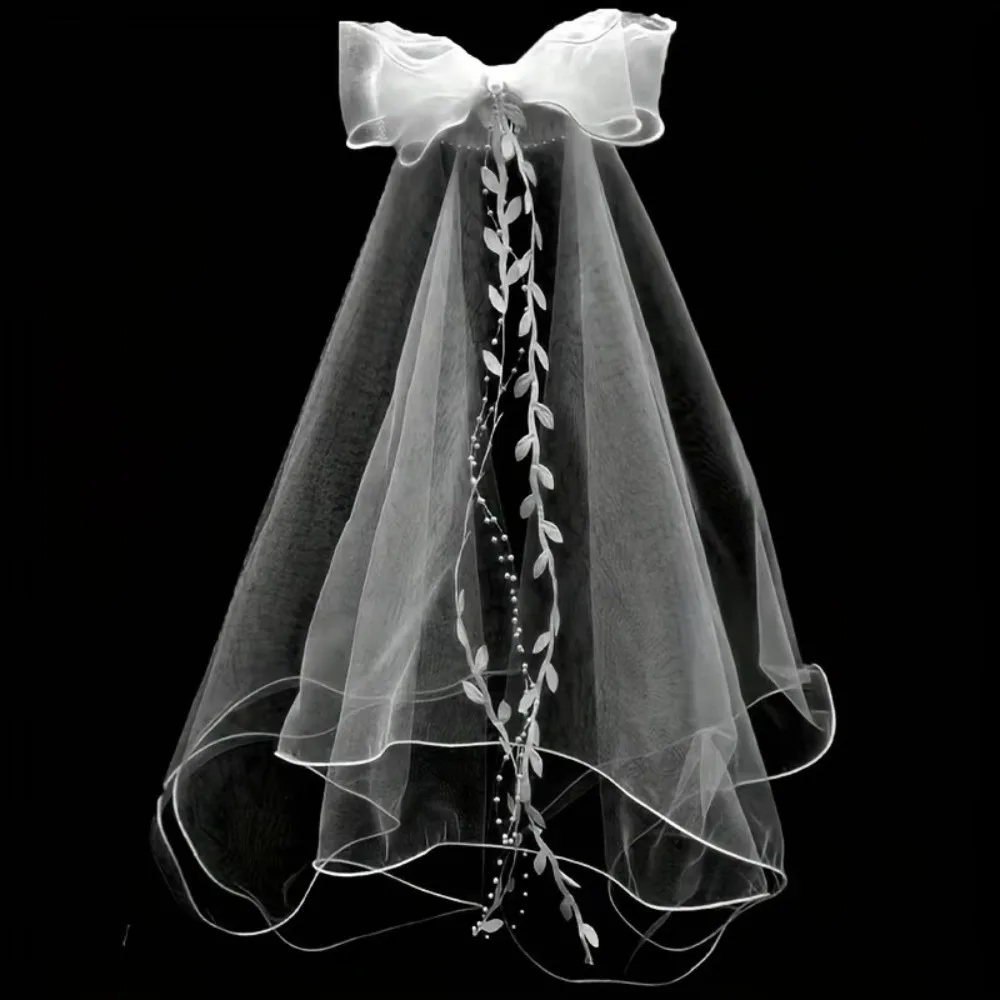 Portable Flowing Bow Veil Hair Hoop Mesh Polyester Girls Head Gauze White Hair Comb Bridal Tulle Party Cosplay