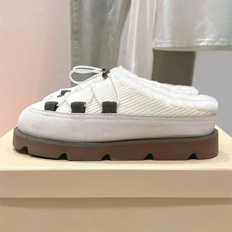 

Winter Flat Slippers Women Chain String Bead Cross Tied Mules Shoes Women Round Toe Casual Comfort Wool Warm Slides Woman