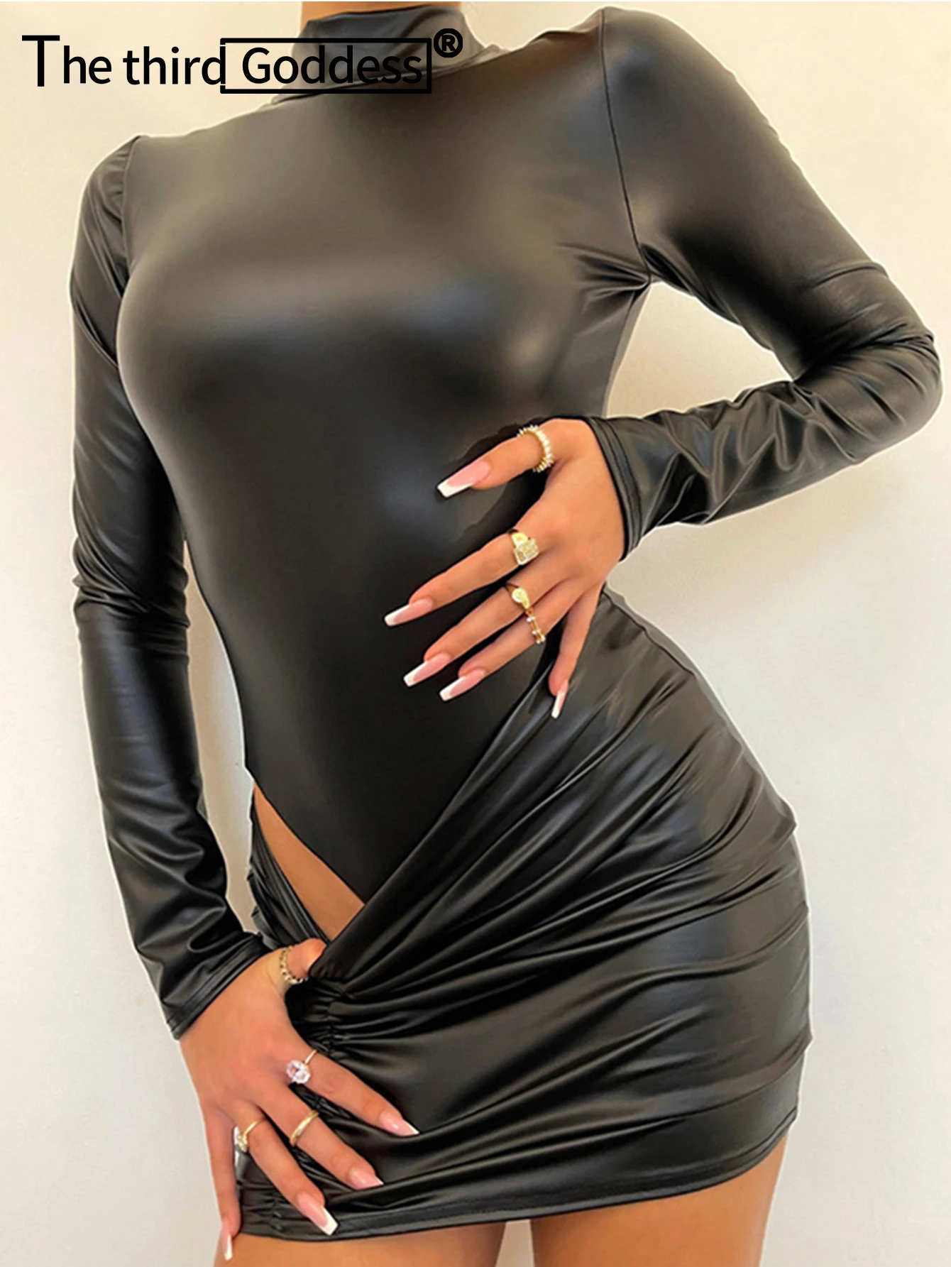 

Sexy folds mini PU leather dress women black night club birthday party dress sets elegant bodycon short evening dresses vestidos