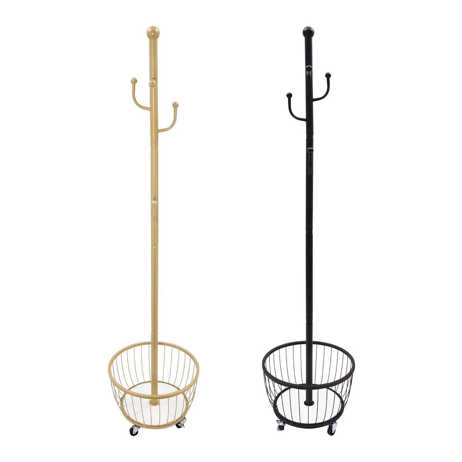 Coat Holder Rack Entryway Coat Hanger Stand with Storage Basket and Mobile Wheels Gold/Black