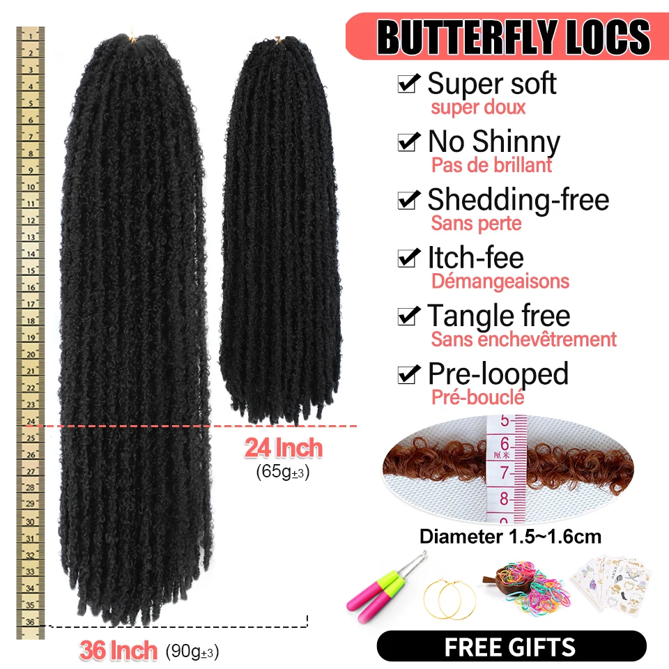 Synthetic Pre Looped Distressed Braids Hair 24 36 Inch Butterfly Locs Crochet Braids Extensions For Afro Women Black Faux Locks