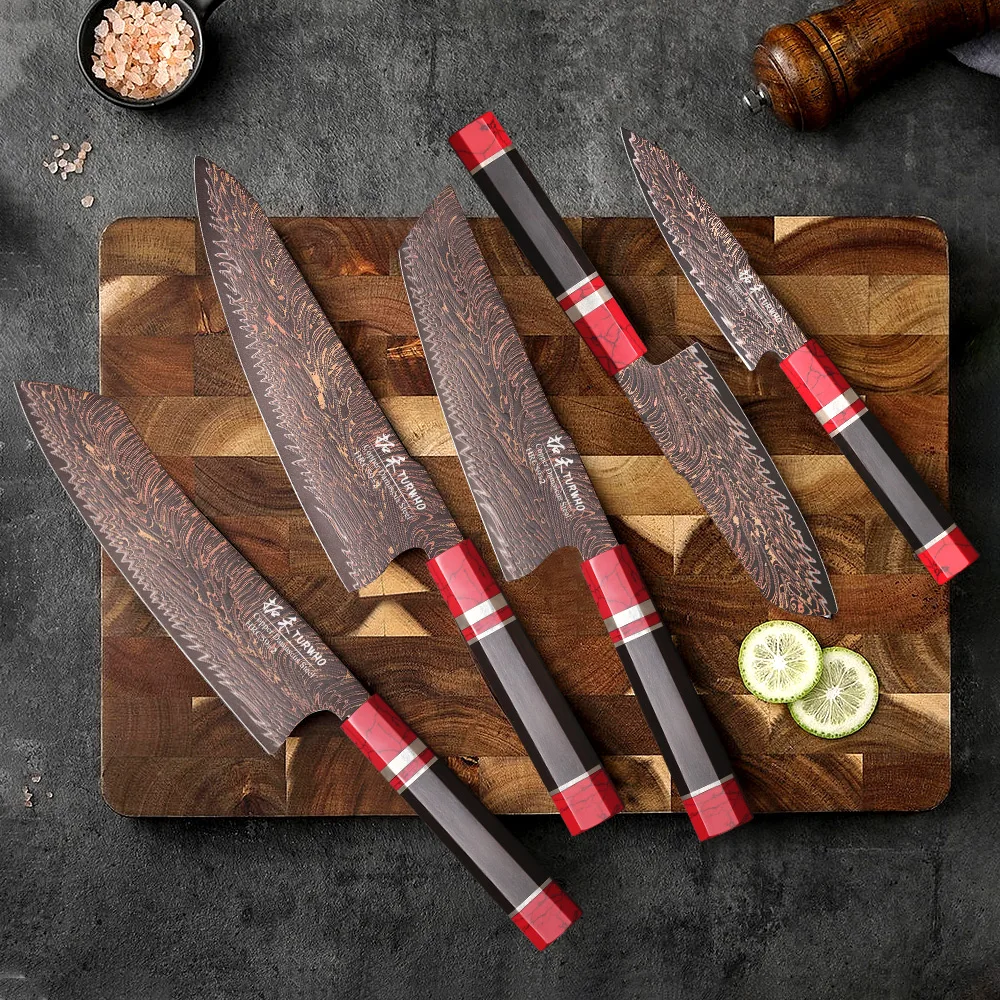 TURWHO Japanese Chef Knife 37 Layer Real Tricolour Copper Damascus Steel Professional Kitchen Knives Slicing Utility Cleaver