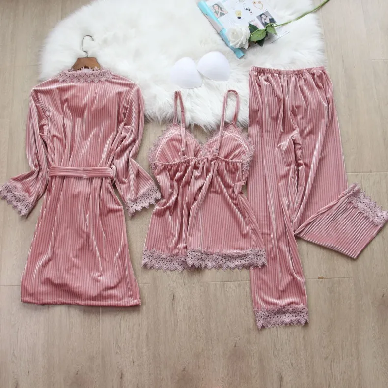 Autumn Winter Women 3PCS Pajamas Set Velvet Lace Trim Sleepwear Kimono Bathrobe Gown Sexy Pijamas Suit Loose Homewear Loungewear