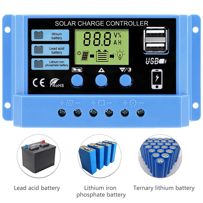 30A 20A 10A Solar Charge Controller 12V 24V Auto Solar Panel PV LCD Controller For Lead-Acid Battery, Lithium Battery Dual USB