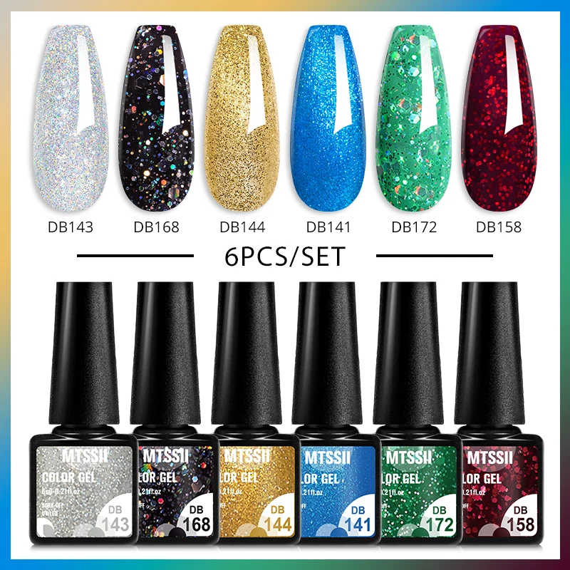 Mtssii 6pcs Glitzer Gel Nagellack Set holo graphisch funkelnde Pailletten semi permanenter Lack UV-Gel Nail Art Maniküre einweichen