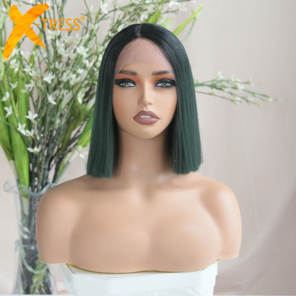 X-TRESS Ombre Green Color 10 inch Short Bobo Hair Synthetic Middle Part Lace Front Wig for Women Yaki Straight Customized Wig