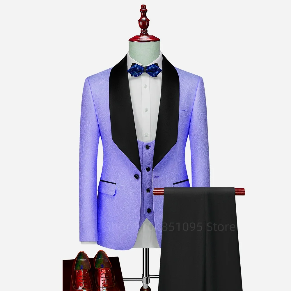 

Handsome Purple Jacquard Men Suits One Button Shaw Lapel Slim Fit Blazer Elegant Business Prom Party 3 PCS Jacket Vest Pants Set