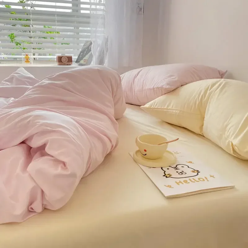 Juego de cama coreano de Color sólido para adultos y niños, cama doble tamaño Queen, Sábana plana, funda nórdica, fundas de almohada, ropa de cama sencilla