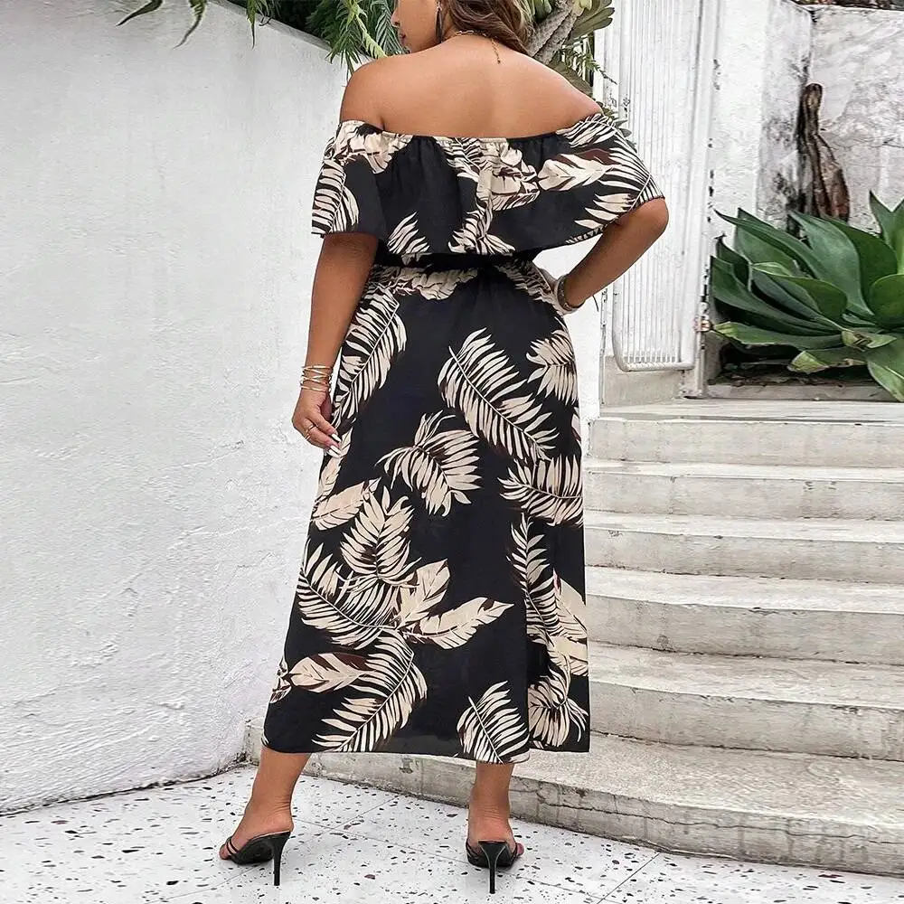 

Women's Large 2025 Size New Short Sleeved One Shoulder Cinched Waist Slit Printed Dress 2025 Party Summer Elegantes Casual Y2k