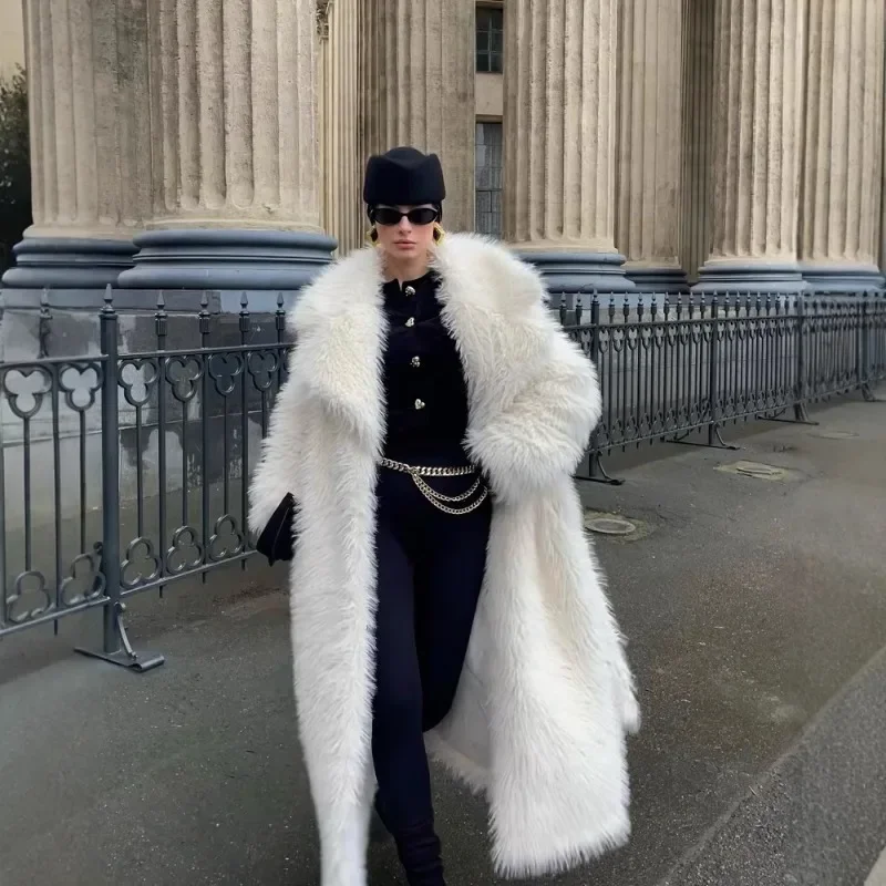 Imitation Fur Coat Women Commute Long Sleeves Lapel Pocket Thicken Streetwear 2025 New Over-the-knee White Elegant Lady Outwear