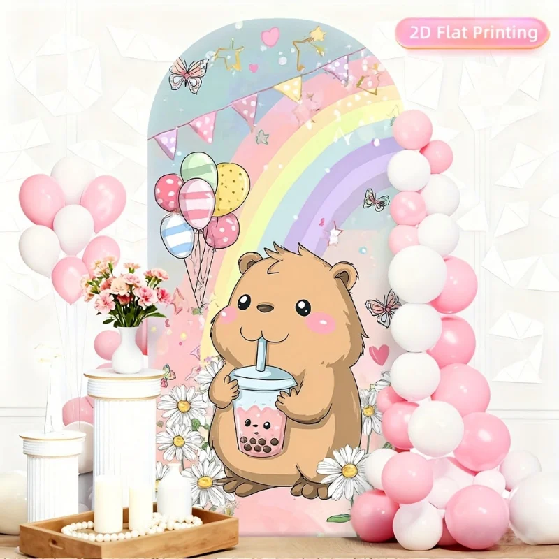 VIKAMA Niedlicher Capybara Geburtstagsbogen-Banner, Bubble Tea Regenbogen-Hintergrund, Kinder Mädchen Happy Birthday Party Dekoration