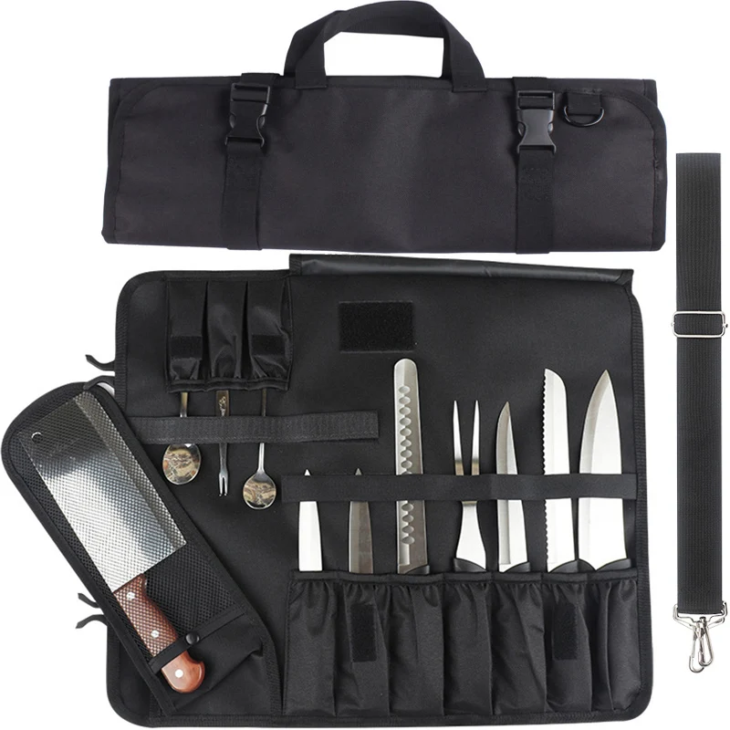 16 Slot Outdoor Picnic Chef Knife Bag Roll Bag Professional Foldable Carrying Case Cleaver Slicer Santoku Knife Storage Pockets