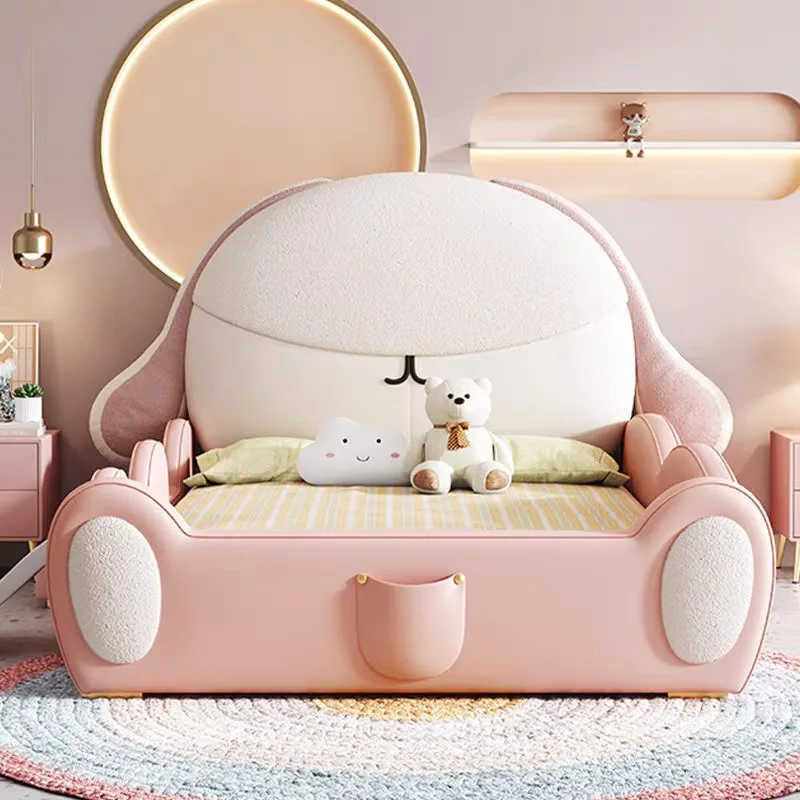 Children's bed with storage Solid wood single bed Lamb wool rabbit pink Modern simple Internet celebrity slide Bed with