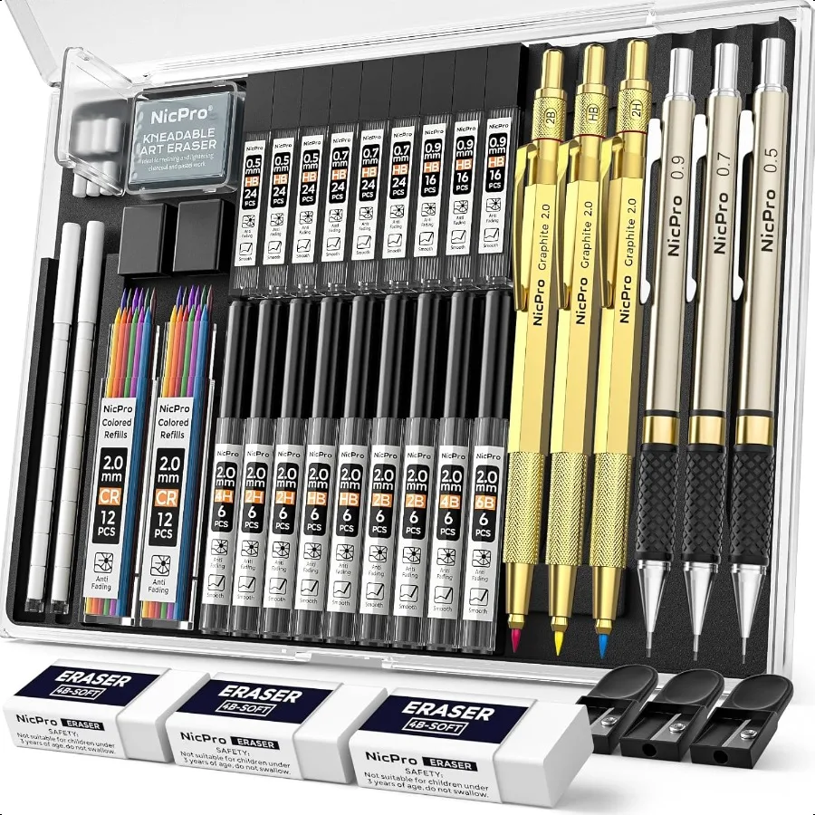 

35PCS Gold Art Mechanical Pencils Set 3 PCS Metal Drafting Pencil 0.5 mm 0.7 mm 0.9 mm 3 PCS 2mm Lead Holder 6B 4B 2B HB 2H 4H