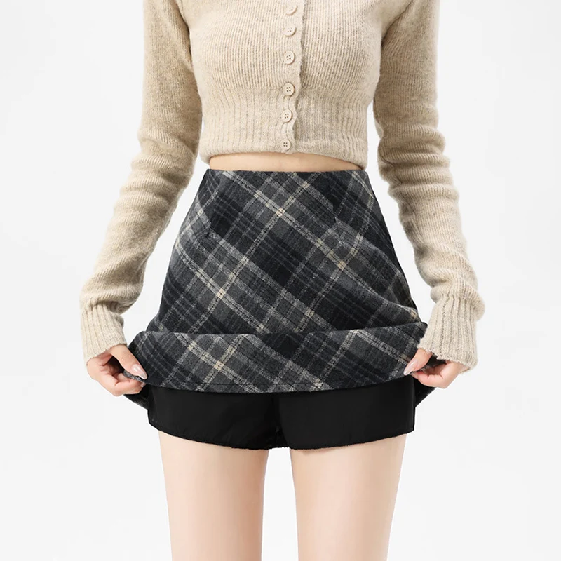 Autumn Winter Woolen Plaid Mini Skirt for Women College Casual All Match Short Skirts Woman Thicken Warm High Waist A-Line Skirt