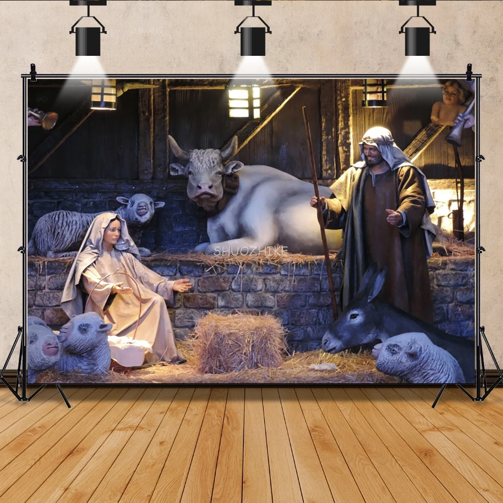 Jesus Birth Nativity Scene Old Wood Shepherd Merry Christmas Party Decor Pattern Photo Background Photographic Backdrop