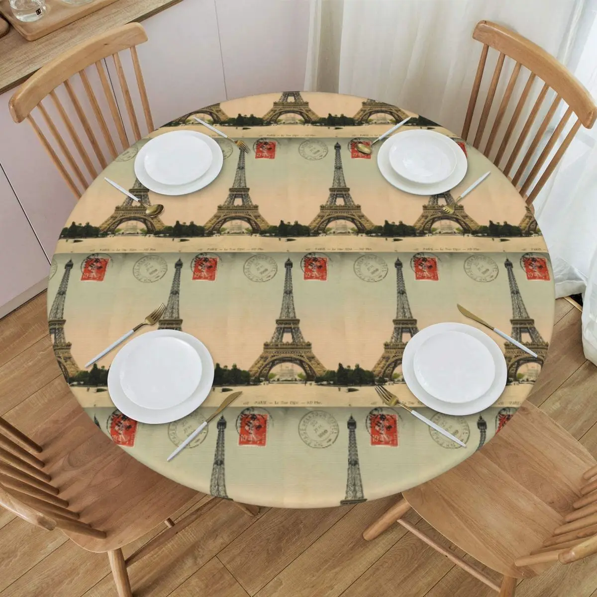 Eiffel Tower Vintage French Postcard Waterproof Round Tablecloth Oilproof Table Cloth for Kitchen Events Dining Table Cover