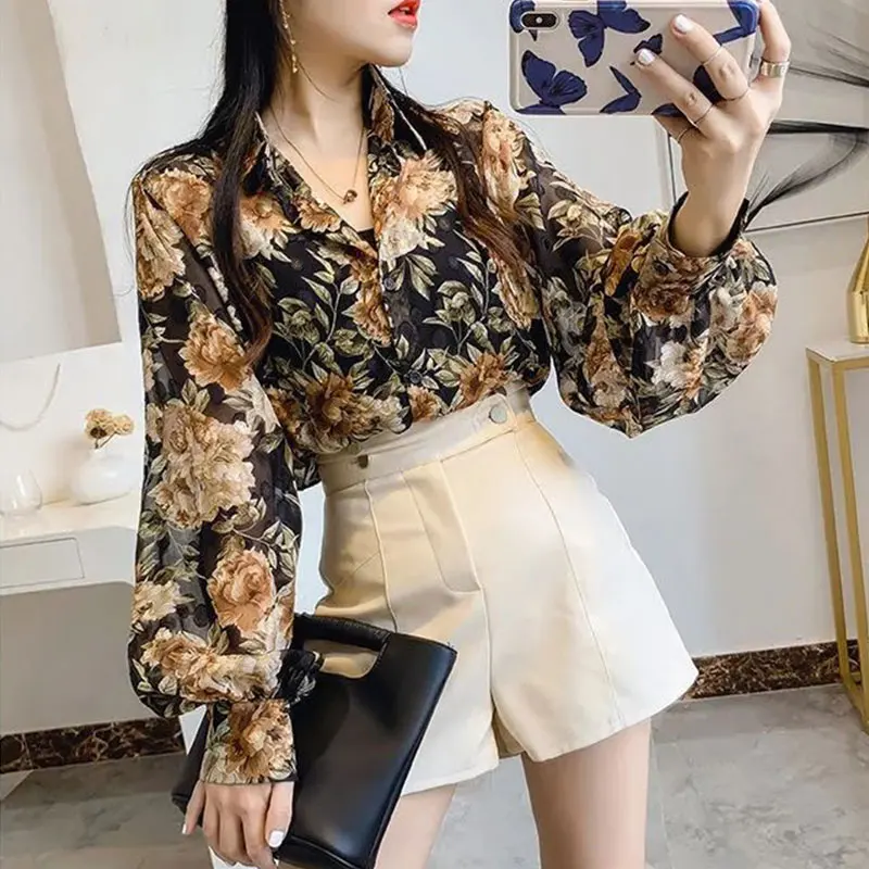 Women's Spring Fashion Simplicity Sexy Floral Long Sleeve Chiffon Shirts Women Clothes Trend Casual Elegant Temperament Tops