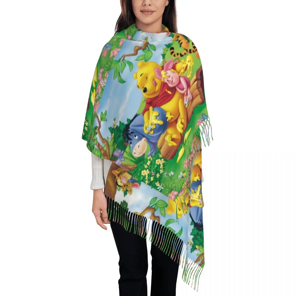 

Женские длинные шарфы с рисунком Винни-Пуха на заказ, женские зимние толстые теплые шаль с кисточками, милый шарф Eeyore Tigge в стиле аниме