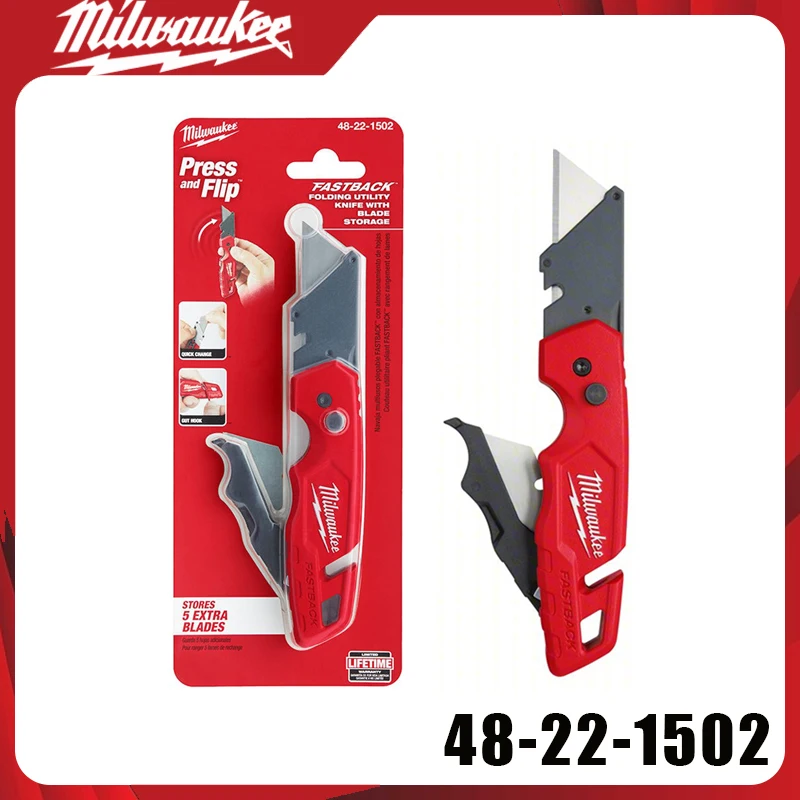 Milwaukee 48-22-1502 FASTBACK Utility Knife Heavy Duty Folding Box Cutter with Quick Blade Change & 5 Extra Blades Storage