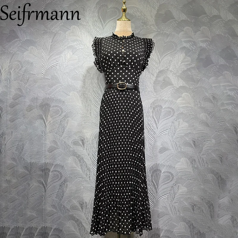 

Seifrmann 2026 Весеннее женское модное длинное платье с воротником-стойкой, без рукавов, в горошек, с поясом, подчеркивающим талию