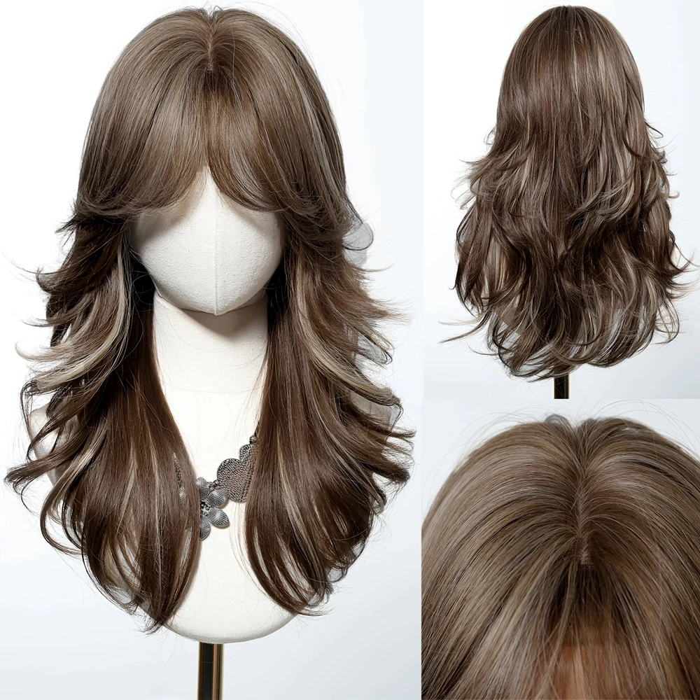 

Women's synthetic wig, brown blonde highlights long wavy layered wig with bangs for daily wear