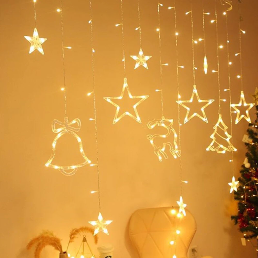 LED 220V EU Plug Christmas Star Bells Deer Garland Curtain Lights Fairy Light For Party Ramadan Decor New Year Decoration 2023